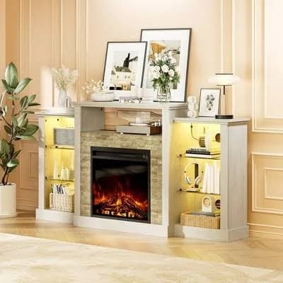 Greenstell 59 inch TV Stand for TVs Up To 65" with Fireplace, Modern Entertainment Center with LED Lights Power Outlets and Storage