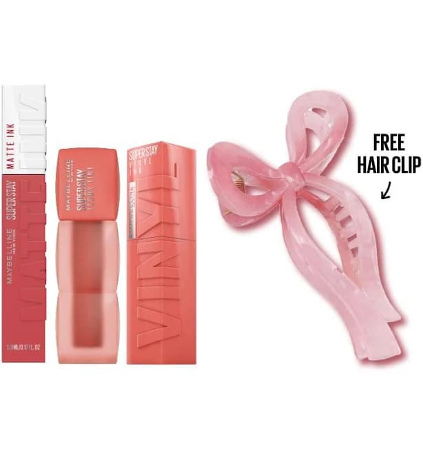 Maybelline New York Lifter Gloss + Maybelline VinyL Ink Lipstick + maybelline Super StayMatte Ink Lipstick + Free Hair Clips Toffee / Charmed / 70