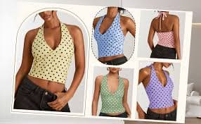 SweatyRocks Women's Polka Dots Print Halter Tops Going Out Backless Deep V Neck Summer Top Black Small at Amazon Women's Clothing store