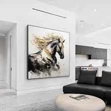 Black and Gold Horse Painting: 3D Texture, Framed Canvas Wall Art