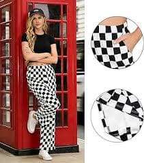 IWOLLENCE Women's Casual Loose Checkered Wide Leg Pants High Waist Straight Lounge Y2K Gingham Trousers Petite Fall Black White, XS at Amazon Women's Clothing store