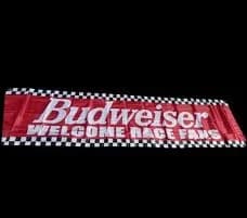 Budweiser Racing Welcome Race Fans Banner – 2 ft x 8 ft – Polyester with Grommets – Classic Beer Advertising Sign