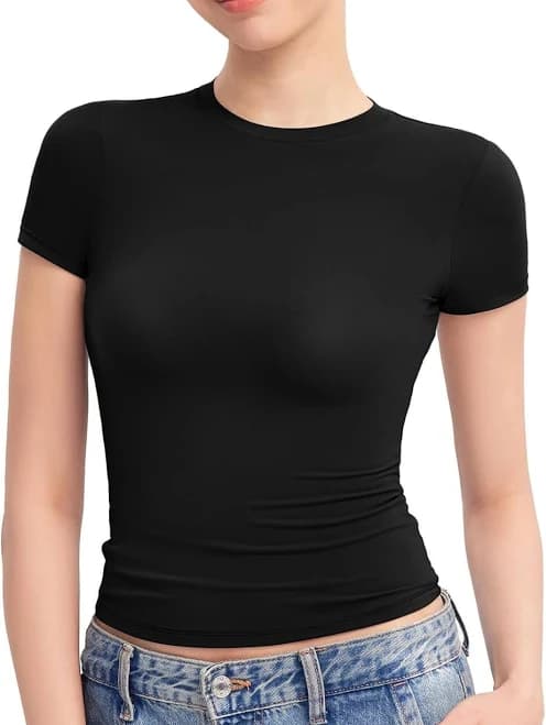 Pumiey Women's Crew Neck Short Sleeve Tops Double Lined Slim Fit T
