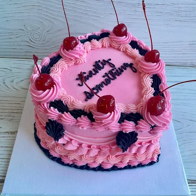 Pink & Black Heart-Shaped Cherries Cake