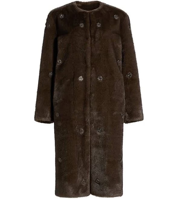Tahari Women's Celeste Crystal Flower Faux-Fur Coat