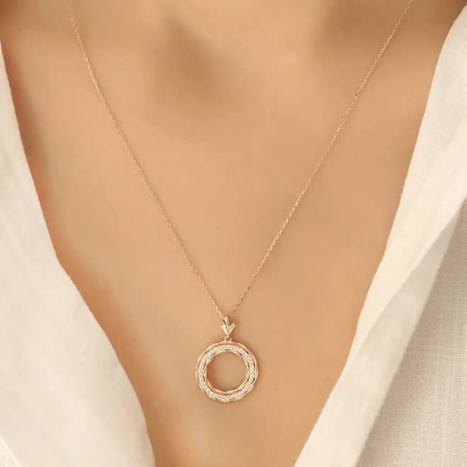 14K Solid Gold Circle Pendant Necklace