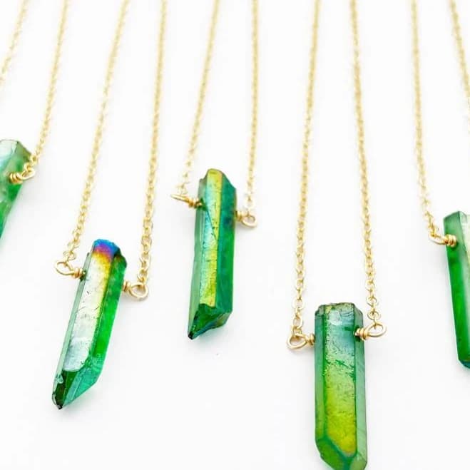 Electroplated Green Quartz Crystal Point Pendant Necklace
