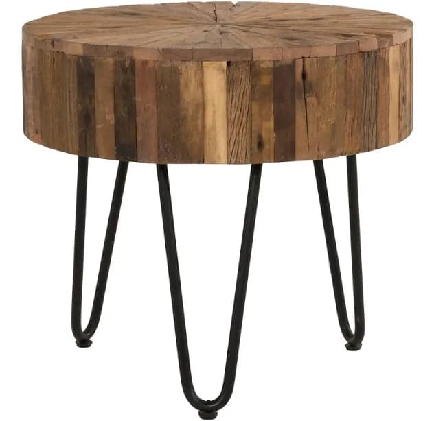 HEFT Heavener Round Side Table – Solid Teak Wood | Approximately 20” Diameter | Brown Finish with Metal Hairpin Legs | Rustic & Modern Accent Table