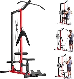 LAT Pull Down Machine, 3-in-1 Row Cable Machine, Cable Machines Home Gym with 3-Level Adjustable Seat, 4-Level Adjustable Foam Roller, Load 400 lbs LAT Tower for Back, Chest, Tricep, Black