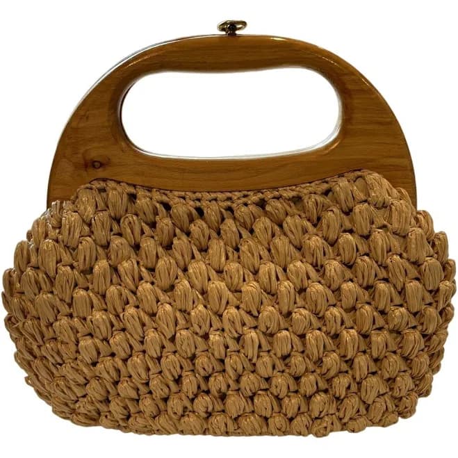 Vintage Woven Raffia Bag with Wood Handle