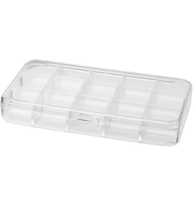 Organizer box, plastic, clear, 6x1x4-inch, 15 compartments. Sold individually. | Fire Mountain Gems and Beads