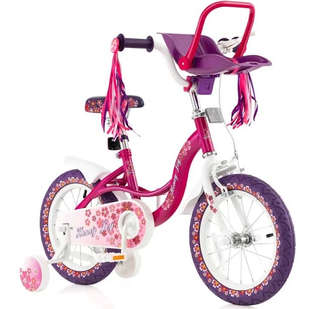 Costway - 14" Kids Bike with Doll Seat Girls Bicycle with Training Wheels for 3-5 Years Old Girl - Pink,Purple