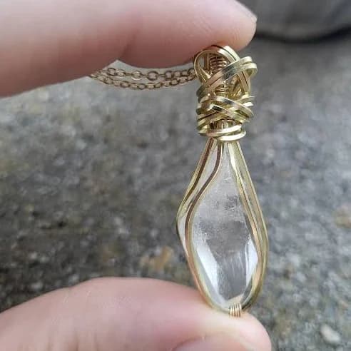 14K Gold Wire Wrapped Clear Quartz Crystal Necklace