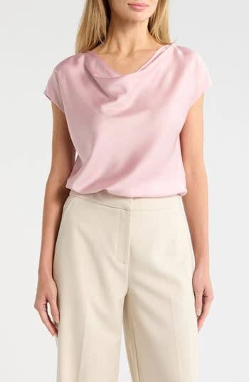 Renee C Cowl Neck Cap Sleeve Satin Top