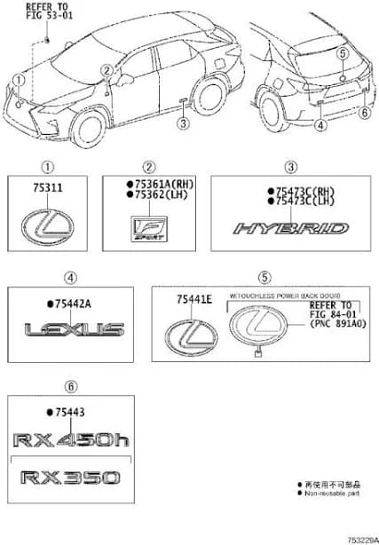 Lexus RX 350 (2019; 2020; 2021; 2022) Grille Emblem (Front) - 5314133170. EMBLEM & NAME PLATE (EXTERIOR &