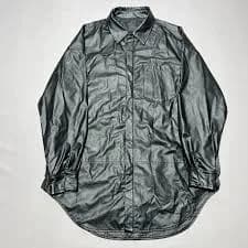 Juun.J Men's Black Faux Leather Button-Up Oversized Longline Shirt Jacket Size M