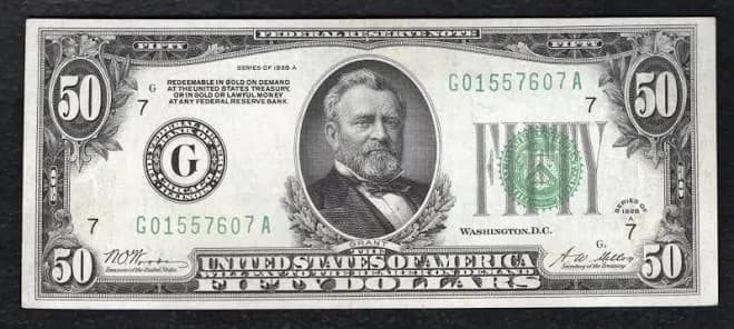 1928 US 50 Dollar Bill Federal Reserve Note Money Vintage Currency Ulysses S. Grant