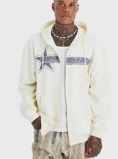 boohooMAN Men's Oversized Worldwide Star Zip Through Hoodie