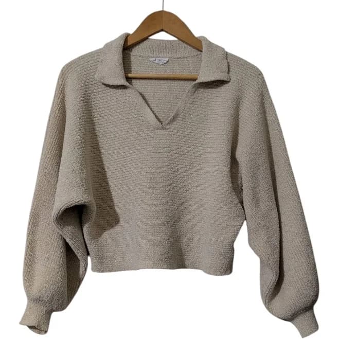Storia Cropped Knit Ribbed Collared Sweater Cream Size Medium S