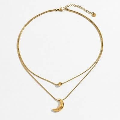 Minimalist Bead Charm and Sculpted Crescent Moon Pendant Necklace Set