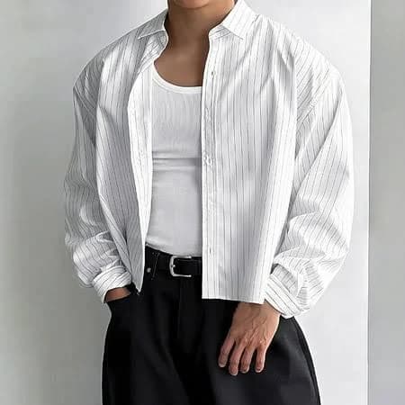 Men's Loose Fit Vertical Striped Long Sleeve Shirt