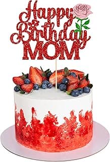 Gyufise 1Pcs Happy Birthday Mom Cake Topper with Glitter Rose Flower Best Mom Love Mother Cake Pick Decorations for Happy Mother's Day Theme Women Birthday Party Supplies Red