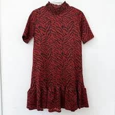ZARA Animal Print Mini Dress Red Black Short Sleeve Smocked Neck Drop Waist S