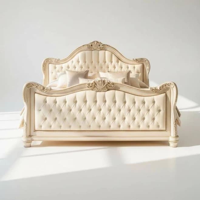 Hand-Carved French Baroque Bed | Tufted Upholstered Headboard, Solid Wood