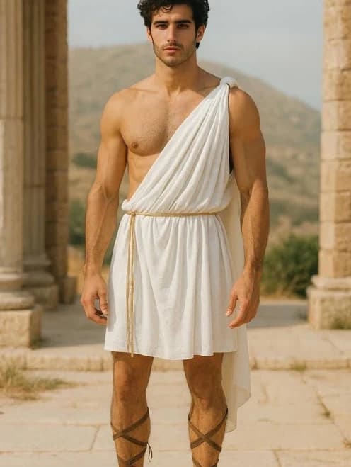 Greek Toga Costume with Gold Laurel Crown Arm and Leg Wraps