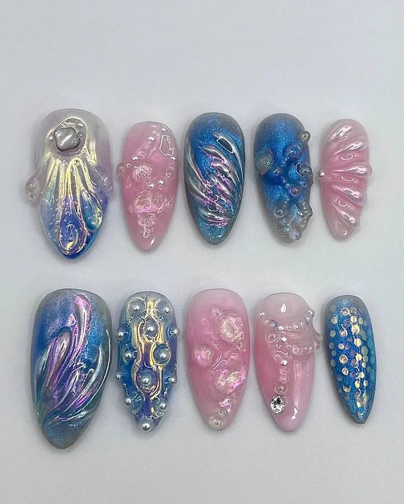 Handmade 3D Seashell Mermaid Press On Nails
