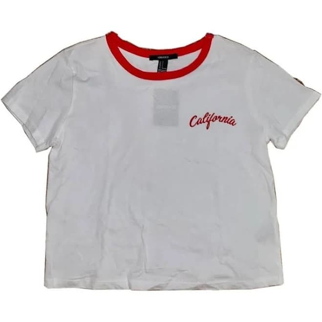 FOREVER 21 White Ringer Crop-Top - New Women | Color: White/Red | Size: S