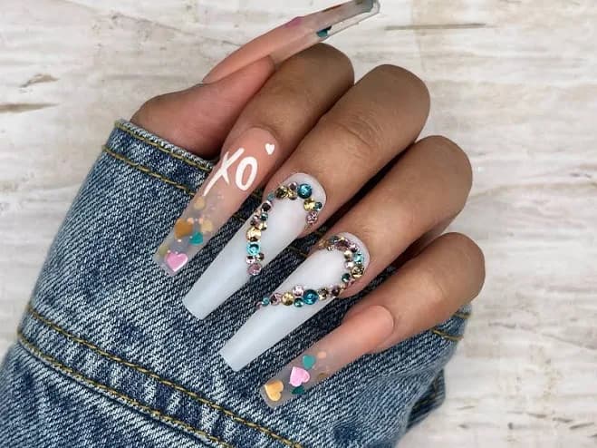 XO Rhinestone Press On Nails | Long Coffin Fake Nails