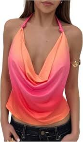 MakeMeChic Women's Draped Front Halter Tops Ombre Going Out Crop Tank Top Orange X-Small at Amazon Women's Clothing store