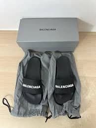 Balenciaga Black & White Logo Pool Slides w/ Original Box - Womens Size US9 EU40