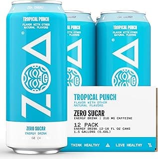 ZOA Zero Sugar Energy Drinks, Tropical Punch - Sugar Free with Electrolytes, Healthy Vitamin C, Amino Acids, Essential B-Vitamins, and Caffeine from Green Tea - 16 Fl Oz (12-Pack)