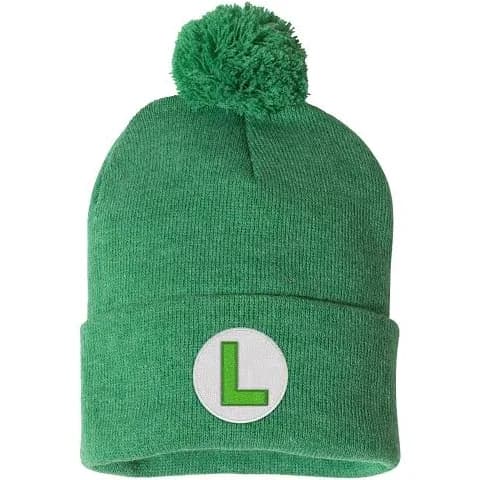 Super Luigi Embroidered Knit Beanie Cap with Pom Pom