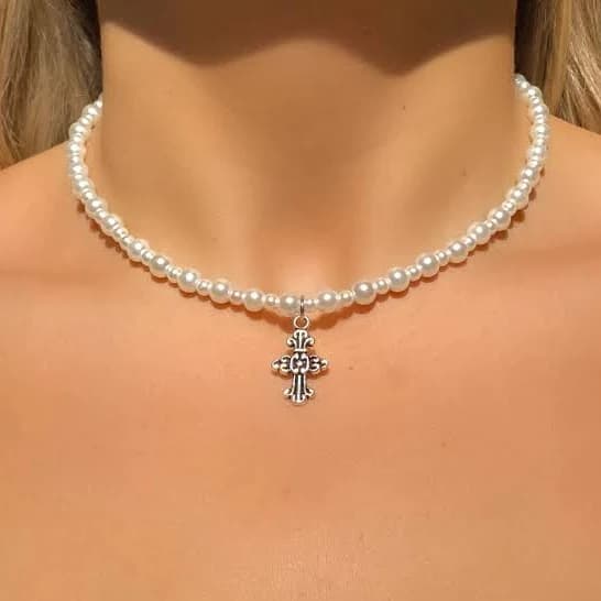 Pearl Cross Charm Pendant Necklace