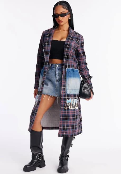 Fashion Nova Women's Plaid Graffiti Long Blazer Combo