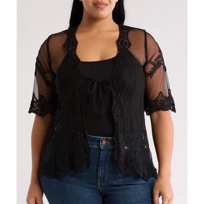 Forgotten Grace Women's Tie Front Crochet Lace Trim Top