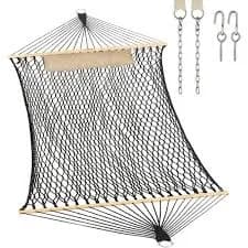 6.5 ft. Traditional Rope Double Hammock Hand Woven Cotton with Hardwood Spreader Bar and Pillow in Black