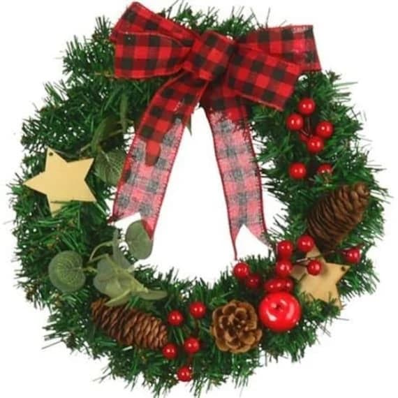 Large Artificial Red Christmas Winter Wreath with Bow, Stars, Pine Cones and Red Berries, Pine and Spruce Candle Ring Table Xmas Free P&P
