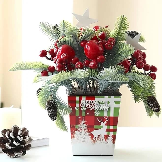10-Inch Mini Artificial Christmas Tree with Red Berries & Pine Cones - Realistic Indoor/Outdoor Holiday Decoration with Greenery, Perfect for Home