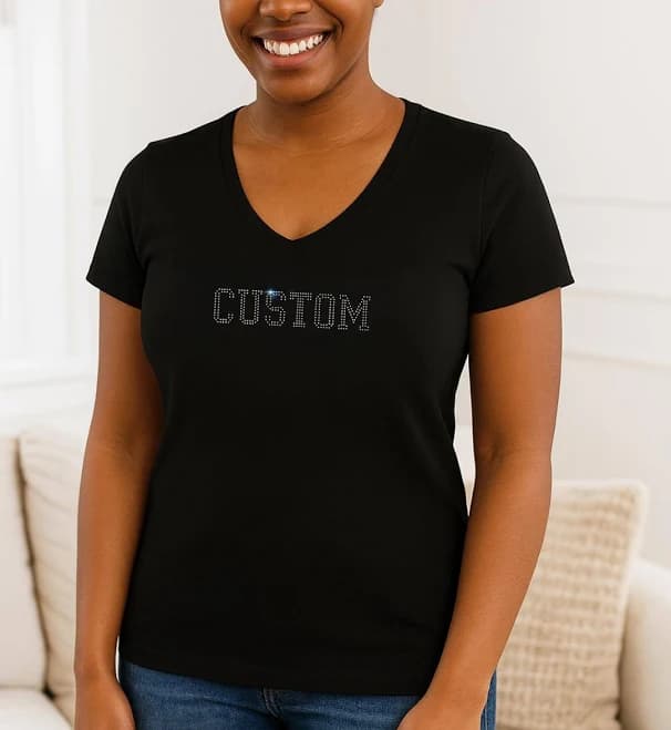 Personalized Cotton T-Shirt with Rhinestone Text