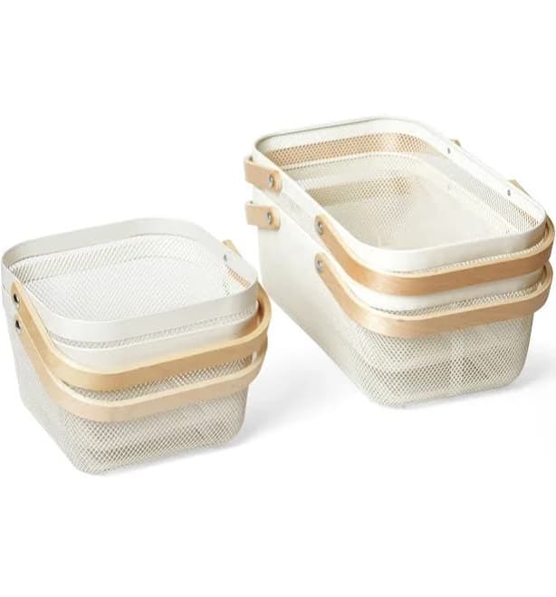 White Mesh Storage Basket W/ Wooden Handle Pack