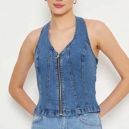 Halter Front Fitted Denim Blouse