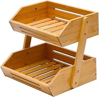 VIKEYHOME Fruit Basket, 2 Tier Bamboo Fruit Basket for Kitchen, 11" Tall Fruit Stand Storage Holder, Heavy Duty/Large Capacity for Vegetables, Fruit, and Snack, 15 mm Thickness (Self-assembly)