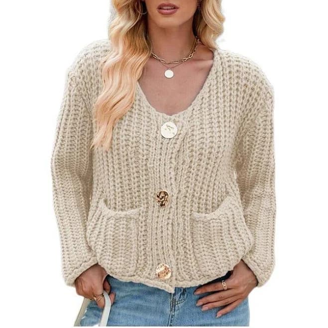 Women's Long Sleeve V-Neck Chunky Knit Cardigan with Pockets