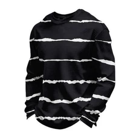 Charmcyan Men's Crew Neck Long Sleeve Pullover Top with Horizontal Striped Print Casual Loose Fit Waffle Knit Sweatshirt Black L, Size: Large