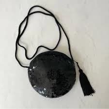 Adrienne Vittadini Black Sequin Beaded Round Evening Bag w/ Rope Strap & Tassel