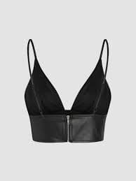 Faux Leather Faux Leather Solid V-neck Zip Up Crop Cami Top For Vacation Holiday
